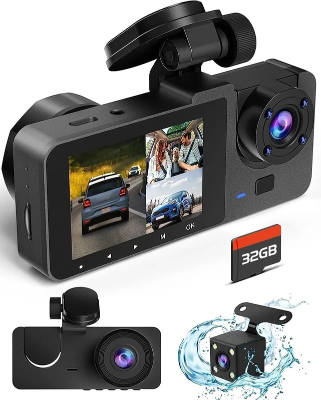 lensuge 4K Triple Dash Cam Front Rear Inside - 32GB Card, G-Sensor