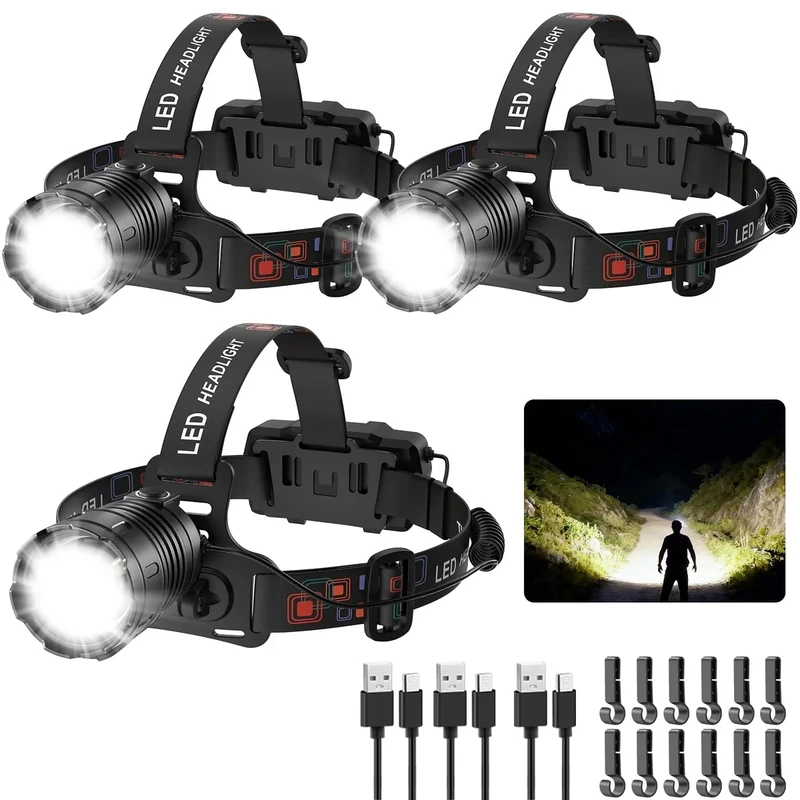 UUYEE Headlamp Rechargeable, 3Pack Super Bright Head Lamp, Adjustable Focus LED Headlamp, 90°Angle Head Lights for Forehead, Headlamps for Adults Hard Hat Camping