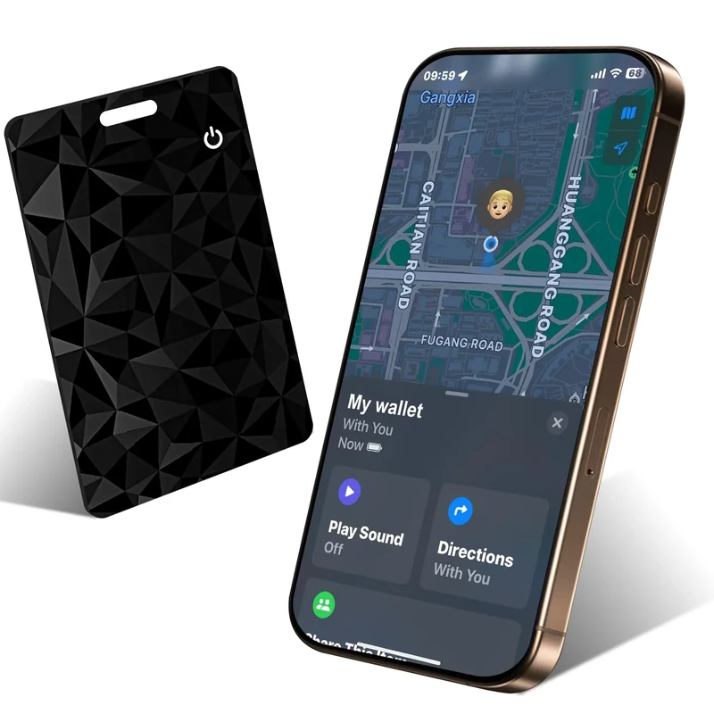 Vrebrey Wallet Tracker Card, Slim Rechargeable Bluetooth Item Locator, Smart Finder Compatible with Apple Find My for Wallet, Luggage, Passport, IP68 Waterproof (iOS Only)(Diamond Black