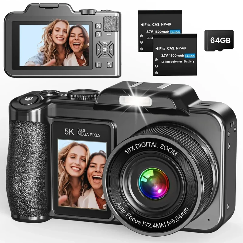 Founissa 5K 80MP Dual Screen Camera - 18X Zoom, Autofocus, 64GB Card