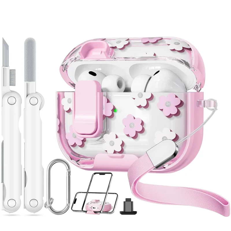 Skyconser Safety Lock AirPods Pro 3 Case - Clear Floral Pink Stand
