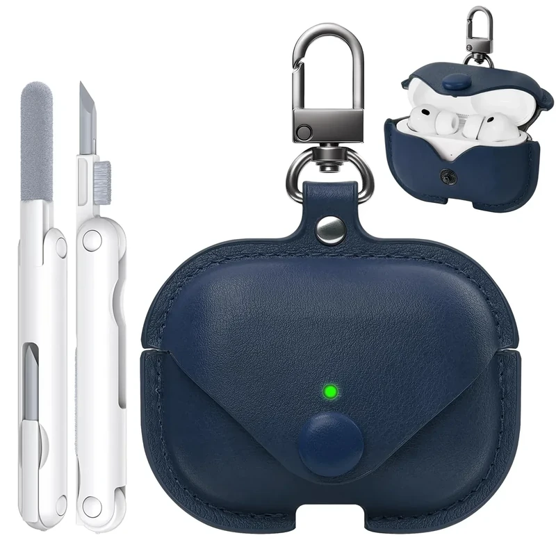 TNSNK for Apple Airpod Pro 3 Case 2025, TNSNK Leather Case Cover with Keychain & Cleaner Kit for Airpods Pro 3rd Generation, Leather Wireless Charging Protective Headphone Case Cover (Blue)