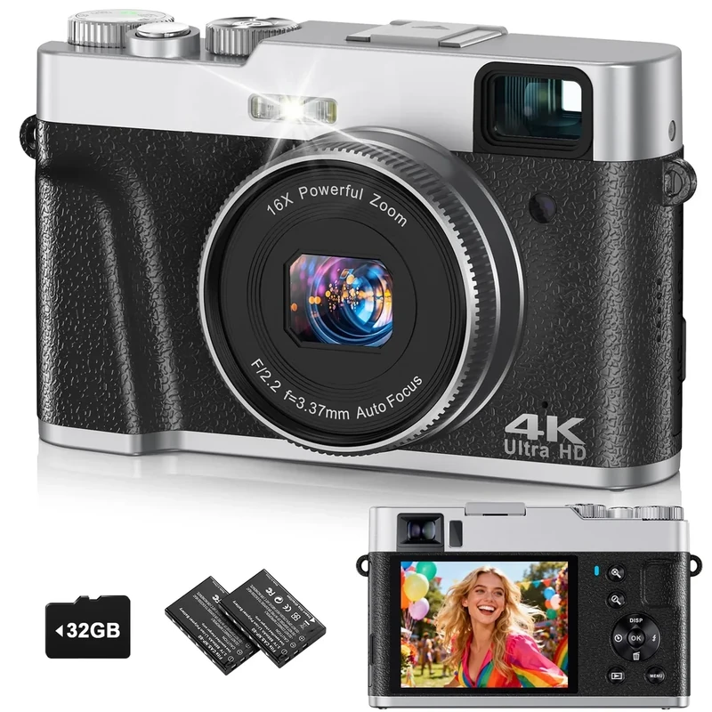 4K Digital Camera for Photography, 48MP Autofocus Vlogging Cameras with 16X Digital Zoom, 2.8" LCD Point and Shoot Camera for YouTube, Anti-Shake Compact Cameras with 32GB Micro SD Card & 2 Batteries