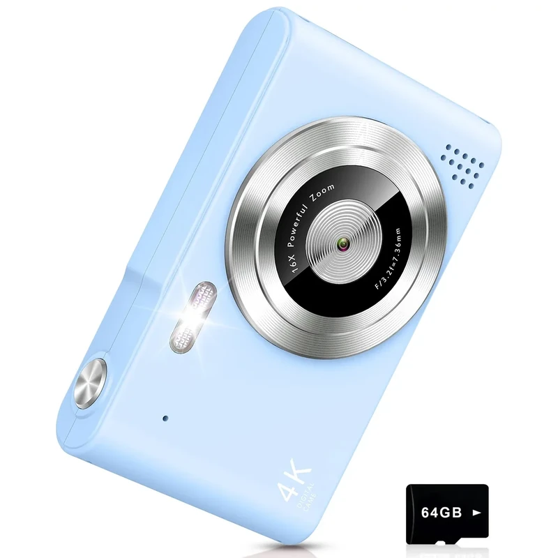 aycy 48MP 4K Kids Camera - 16X Zoom, 64GB Card, Portable Blue