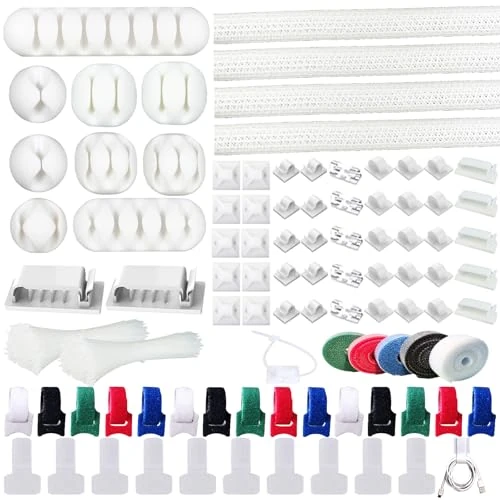 ELII 300PCS Cable Management Kit,4 Cable Sleeve 35 Cable Clips with 11Cord Holders,20 Roll Cable Organizer Straps and 200 Fastening Cable Ties,20 Cable Zip Tie Mounts for Under Desk