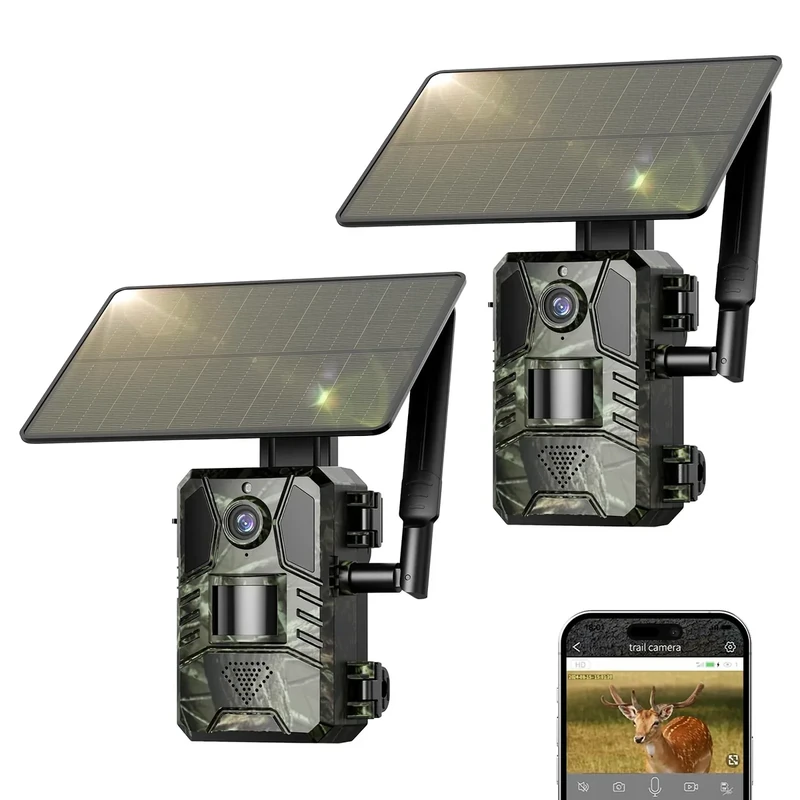 Loatos Cellular Trail Camera 2 Packs, Game Camera Built-in SIM Card 4G LTE with Night Vision Motion Activated Waterproof 2K Live View 0.2s Speed Trail Cam with Solar Panel