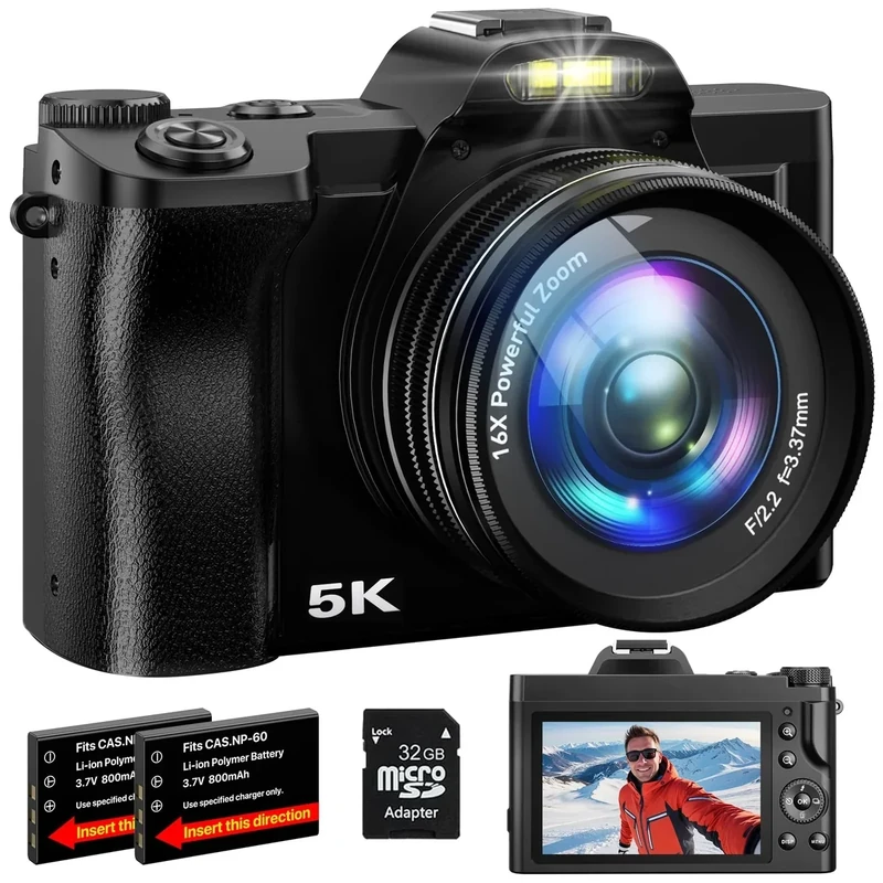 FlyFrost 5K 48MP WiFi Vlog Camera - UV Filter, 16X Zoom, 3.5" Display