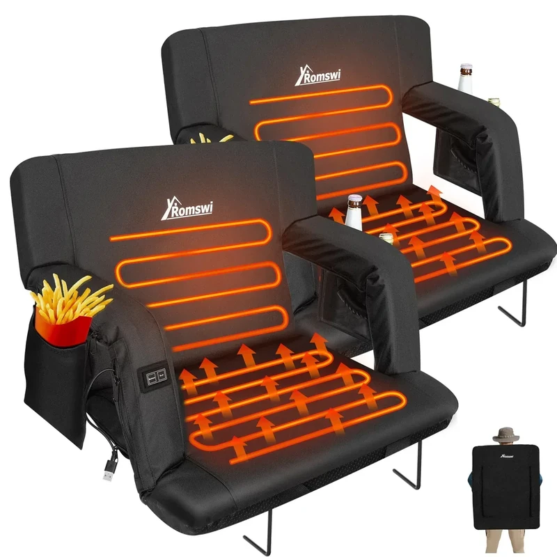 Romswi 2PK Wide Dual-Zone Heated Stadium Chairs for Bleachers with Back Support,3-Level Heating Bleacher Chair,6 Reclining Positions, 5 Pockets & MagicHook for Outdoor (21in)