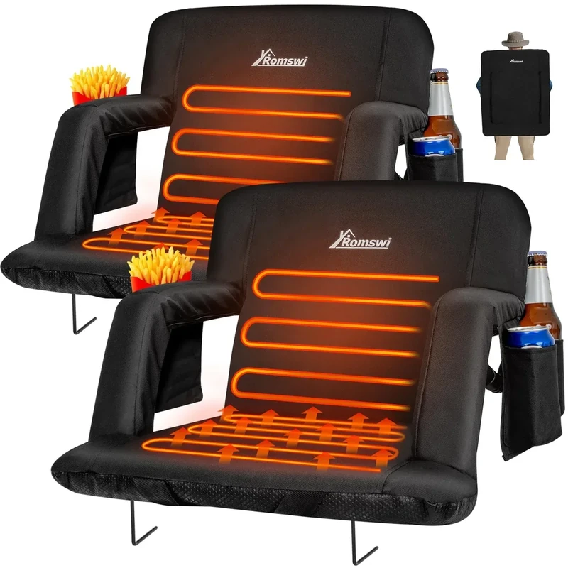 Romswi 2PK 25in Extra Wide Dual-Zone Heated Stadium Chairs for Bleachers with Back Support,3-Level Heating Foldable Bleacher Chair, 6 Reclining Positions, 5 Pockets, Buckle & Hooks Fasten for Outdoor