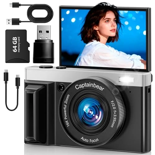 4K Digital Camera,64MP Cameras for Photography with 16X Digital Zoom, AutoFocus Vlogging Camera for YouTube, 3" 180°Flip Screen Compact Travel Camera, Anti-Shake 4K Video Cameras