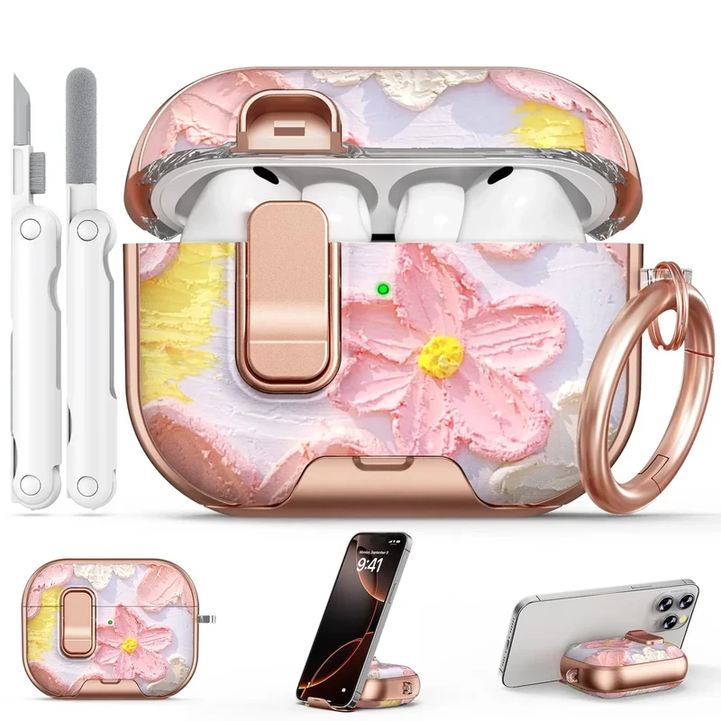 Polislime for AirPod Pro 3 Case 2025, with Safty Lock & Phone Stand for Pink AirPod Pro 3 Generation Case Cover for Women Girly, iPod Pro 3 Cases with Keychain & Cleaner Kit - Oil Painting Flower
