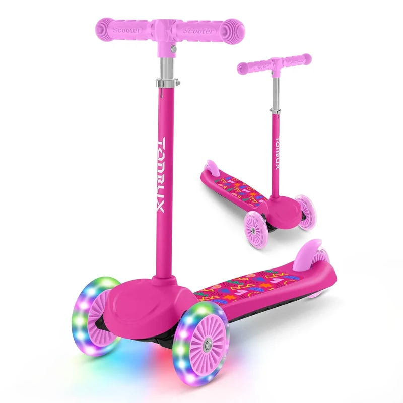 TONBUX Kids Scooter for Ages 3-8, Toddler Scooter with Light-Up Wheels, Adjustable 4-Level Height 3-Wheel Scooters for Kids, Lean-to-Steer Design (No Deck Light) (Rose Red)