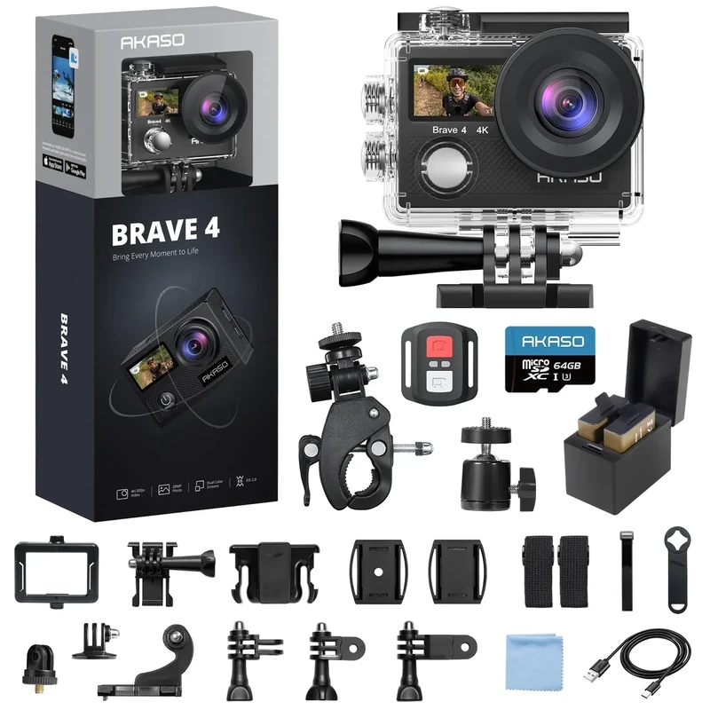 AKASO Brave 4 - 4K30fps, 20MP Photo, 64GB Card, 131ft Waterproof