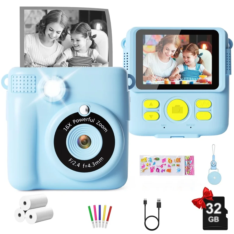 GKTZ Kids Camera Instant Print - 1080P HD, 32GB SD, 2000mAh, Blue