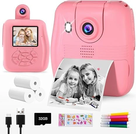 GKTZ Kids Instant Camera 1080P - 32GB SD Card, 3 Paper Rolls, Pink
