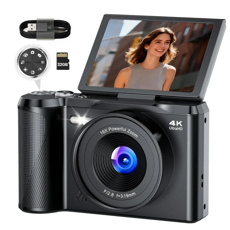 OIAALAR 56MP 4K Camera - 16X Zoom, 180deg Flip Screen, Mode Dial