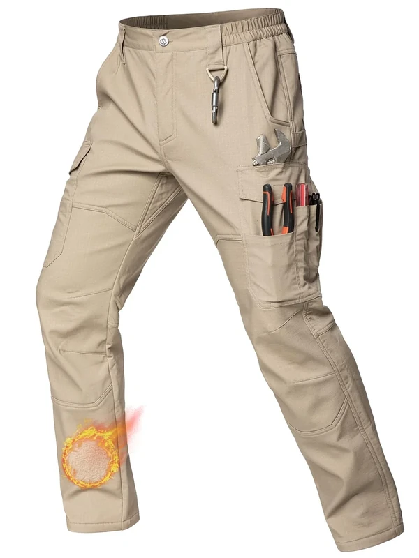 CARWORNIC Men's Ripstop Fleece Lined Tactical Work Pants Warm Water Resistant Flex Utility Cargo Skiing Hiking Pants Khaki