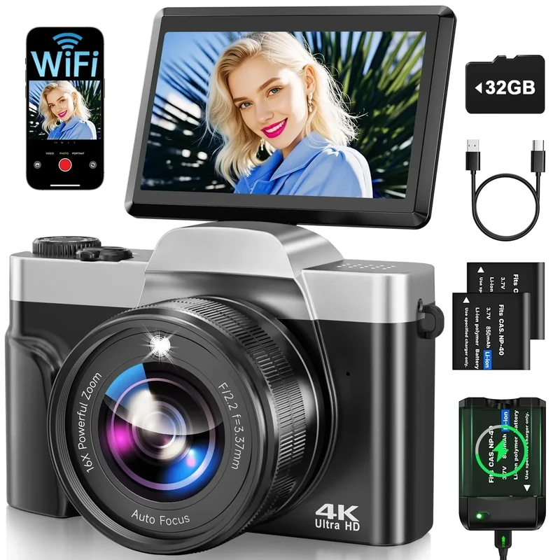 AUREAPIX 4K 64MP WiFi Camera - 180 Flip Screen, 16X Zoom, Anti-Shake