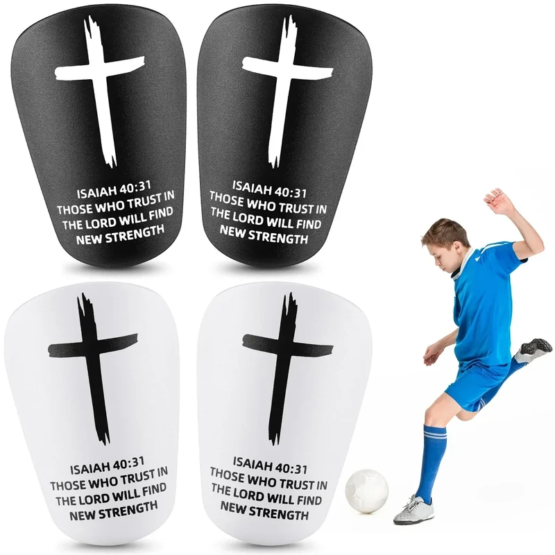 PullCrease 2 Pairs Mini Soccer Shin Guards Christian Faith Cross Small Shin Guards with Bible Verse Religious Soccer Football Pads for Kids Adult(Black,White,Isaiah 40:31,3.15 x 1.97 Inches)
