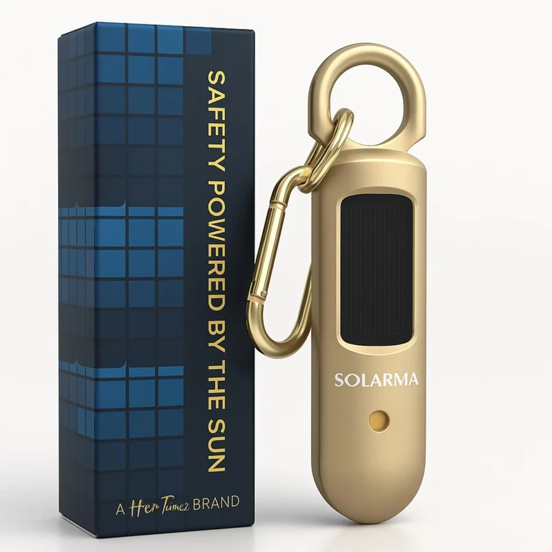 Solarma by HerTime2 | Solar Powered Personal Alarm for Women | Extra Loud Dual Siren + LED | Solar + USB-C Rechargeable | Ideal Gift for College Travel Running Realtors | Self Defense Safety Alarm