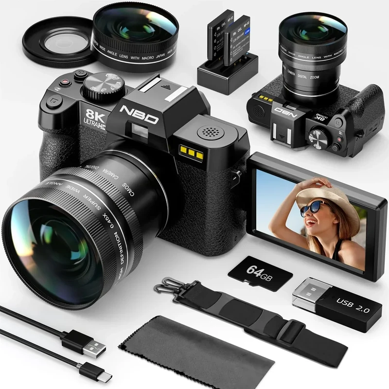 NBD 8K Digital Cameras for Photography,64MP Camara Fotograficas,Travel Vlogging Cameras for YouTube with 180°Flip Screen,16X Digital Zoom,52mm Macro Lens,2 Batteries,64GB TF Card(Black)