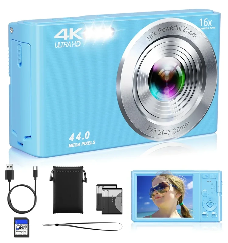 ceye 44MP 4K Compact Camera - 64GB Card, 2 Batteries, 16X Zoom