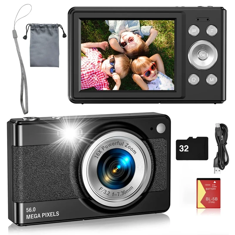 Digital Camera for Kids, FHD 1080P 56MP Autofocus Point and Shoot with 16X Zoom, 32GB TF Card, Battery, Flash, Face Detect, Anti Shake, Compact Travel Cameras for Boys Girls Teens Kids Gift（Black）