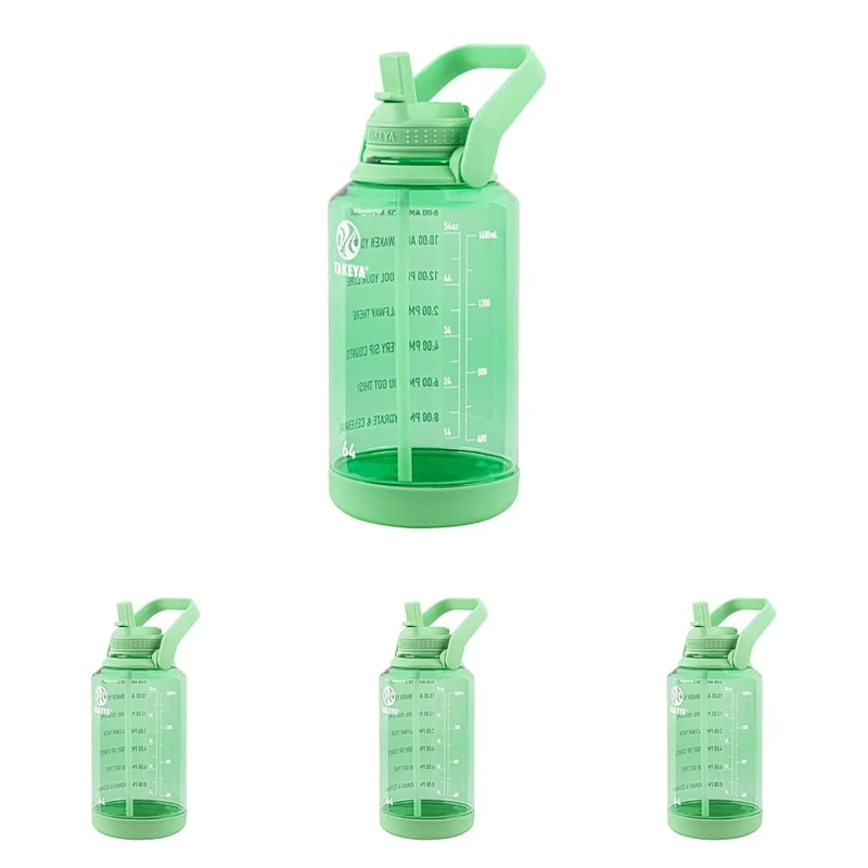 Takeya Tritan 64 oz Motivational Water Bottle with Straw Lid - Durable, BPA-Free - With Time Marker - Leakproof & Non-Slip Bumper - Pistachio Green (Pack of 4)