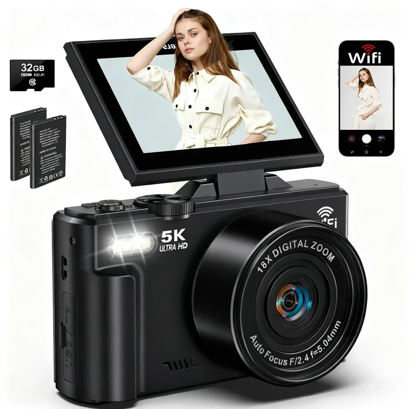 Lacegre 5K Camera 75MP WiFi - 3" Flip Screen, 18X Zoom, 32GB SD