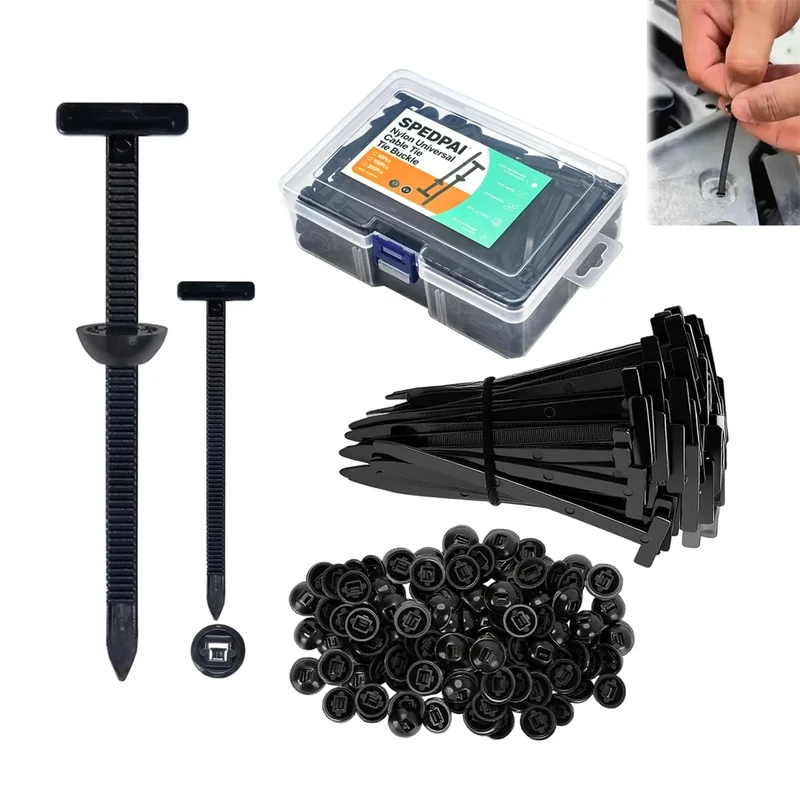 Nylon Universal Cable Tie Buckle,Heavy Duty Black Zip Ties With Pin & Button Design Plastic Cable Ties Tool Fasteners Car Body UV Resistant Zipties for Car Daily Replacement Screw Fixing 200pcs
