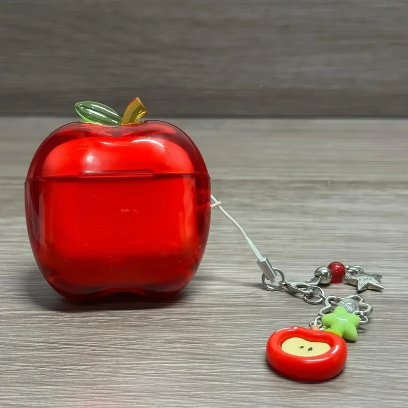 Apple-Shaped Wireless Earbuds Case,Transparent TPU Shockproof Protective Cover,Cute Fruit Design Apple Case (01Red-Gift Pendant, for Airpods 4) - Image 1