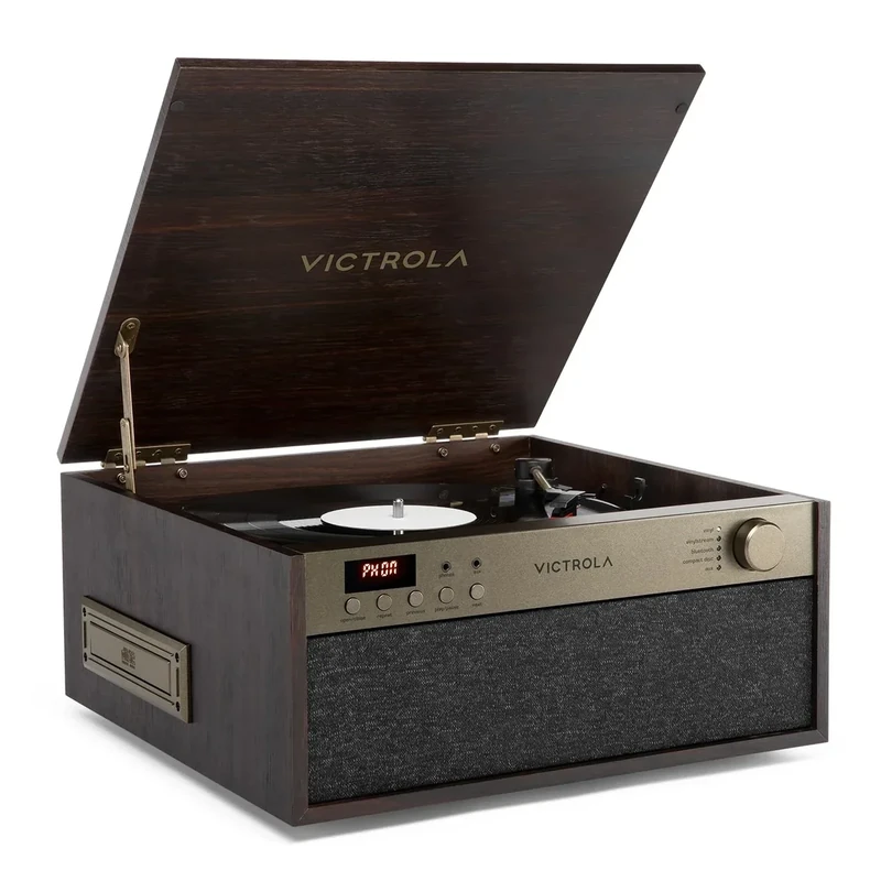 Victrola Century Essential - 5-in-1 Vinyl Record Player & Music Center – 3-Speed Turntable, CD Player, VINYLSTREAM, Bluetooth & 3.5mm Aux, Record Player with Speakers, Mid Century Design (Espresso)