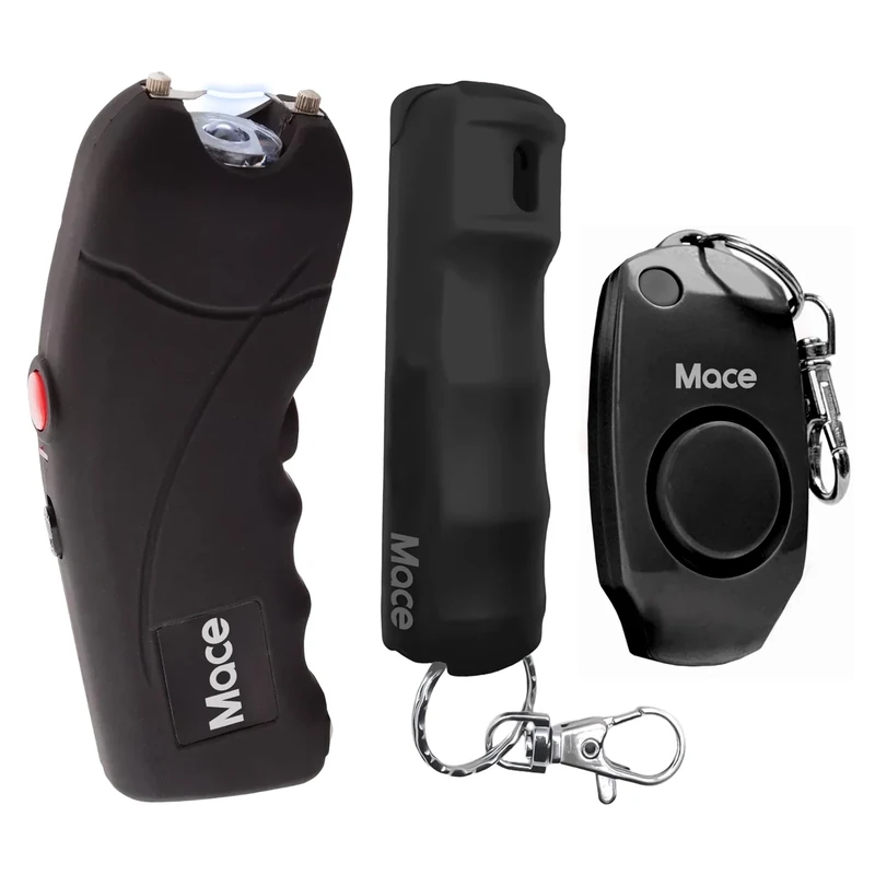 Mace Personal Safety Kit - Mace Pepper Spray (0.42 oz), Rechargeable Ergo Stun Gun with Bright LED Light, 130dB Personal Safety Alarm with Built-in Whistle, Self Defense for Women & Men - Black