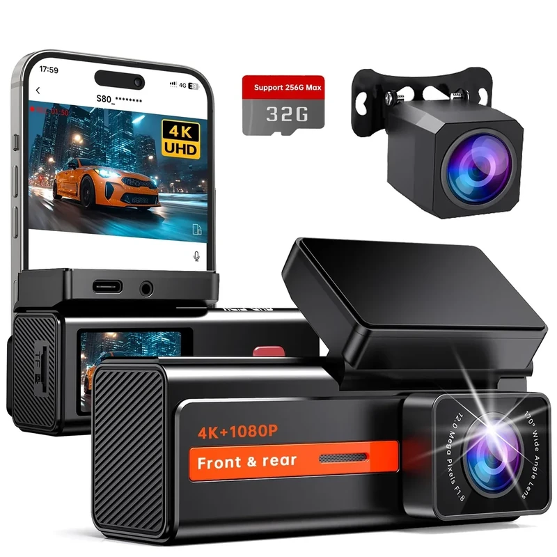 Veement Dual Dash Cam 4K Front/1080P Rear - WiFi, Night Vision, 32GB