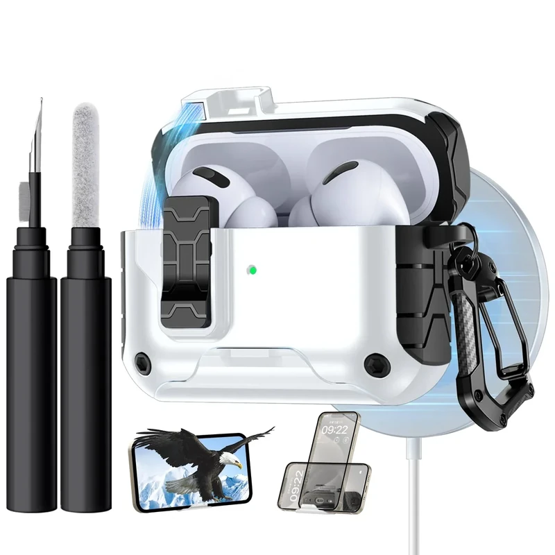 Lerobo for AirPods Pro 2 Case, Compatible with Apple AirPod Pro Case Cover, Protective Cover with Magnetic Automatic Lock & Cleaner Kit, Magsafe Ready, Drop Protection, Phone Stand, White