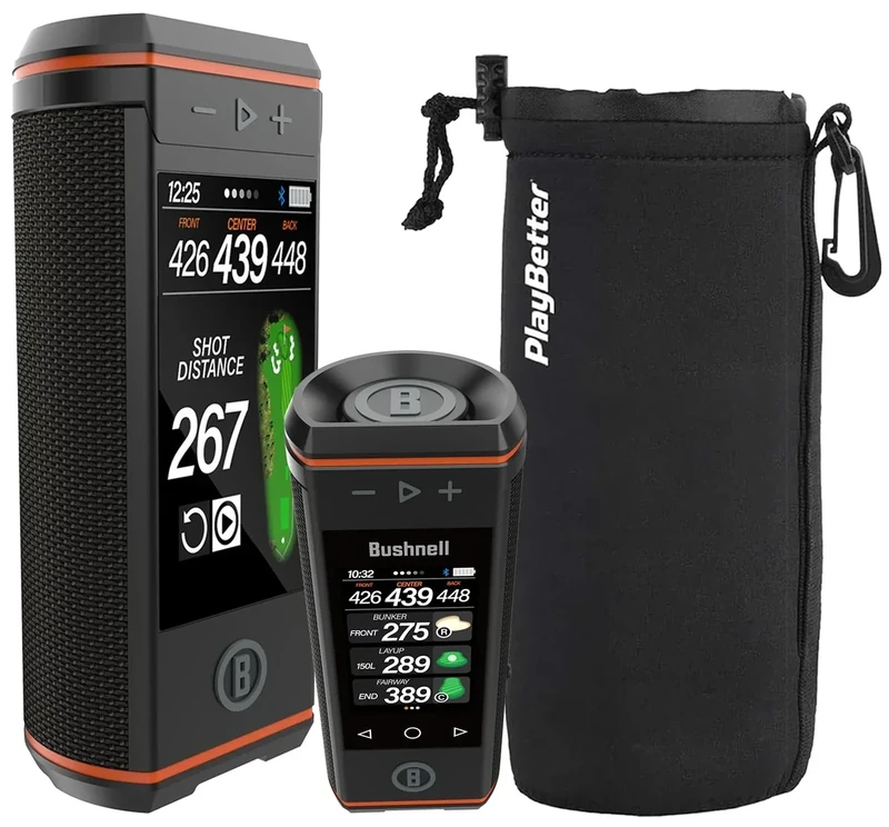 Bushnell Wingman HD Golf GPS Speaker Bundle - 3.5” Color HD Touchscreen, 360 Audio, 2 x 10 Watt Speakers, BITE Mount with PlayBetter Protective Wingman Pouch