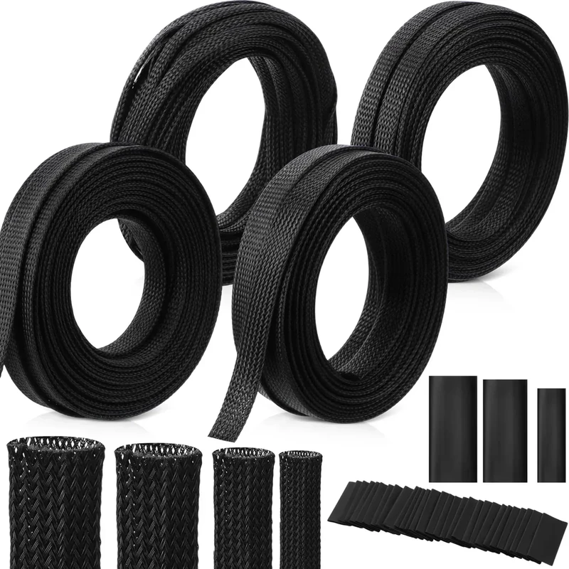Tatuo 151 ft Expandable Braided Cable Sleeve Multi Size Braided Wire Sleeve with 240 Pcs Heat Shrink Tubing for Television Audio Computer Cables Video Pet, 1/4 in, 2/5 in, 1/2 in, 3/4 in(Black)