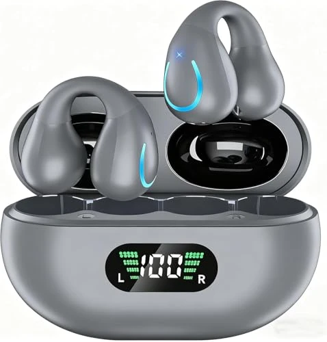 BUABMEQ Clip-On Earbuds - Bluetooth 5.3 Open Ear, LED Case, Sport Mic