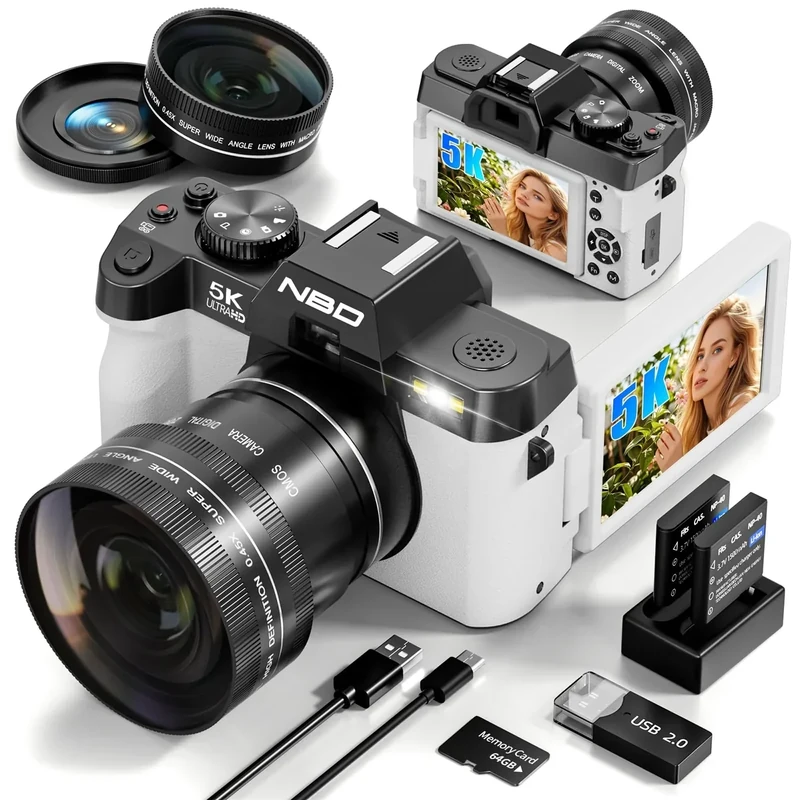 True 5K Digital Cameras for Photography 64MP - 16X Zoom, WiFi, with 64GB TF Card, Wide-Angle & Macro Lens, Autofocus & Anti-Shake, Vlogging Camera for YouTube Travel White