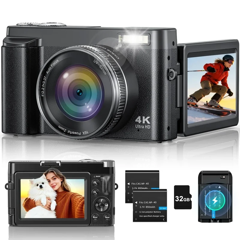 4K Digital Camera for Photography, 48MP Vlogging Camera with Autofocus, Flash, 180° Flip Screen, 16X Zoom, 32GB Card, 2 Batteries & Charger, Compact Travel Camera for Teens, Beginners & YouTube