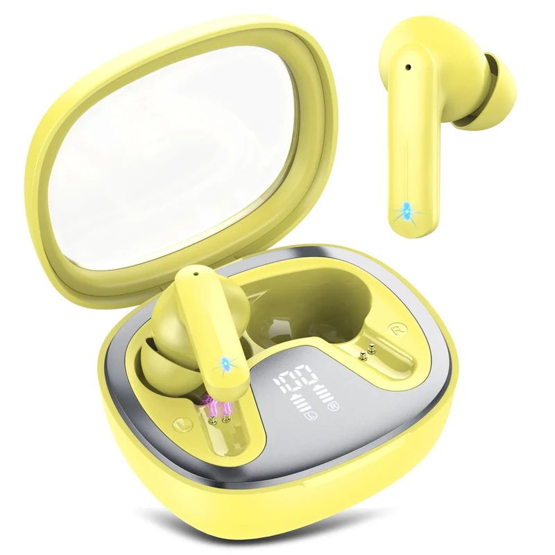 AOSRAU Wireless Earbuds, Bluetooth 5.4 Headphones, HiFi Stereo Bass Ear Buds, in Ear Earbuds with 4 ENC Noise Cancelling Mic, 45H, LED Display, IP7 Waterproof, Yellow