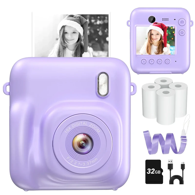 Zostuic Dual-Lens Instant Camera for Kids - 1080P HD, 32GB, Purple