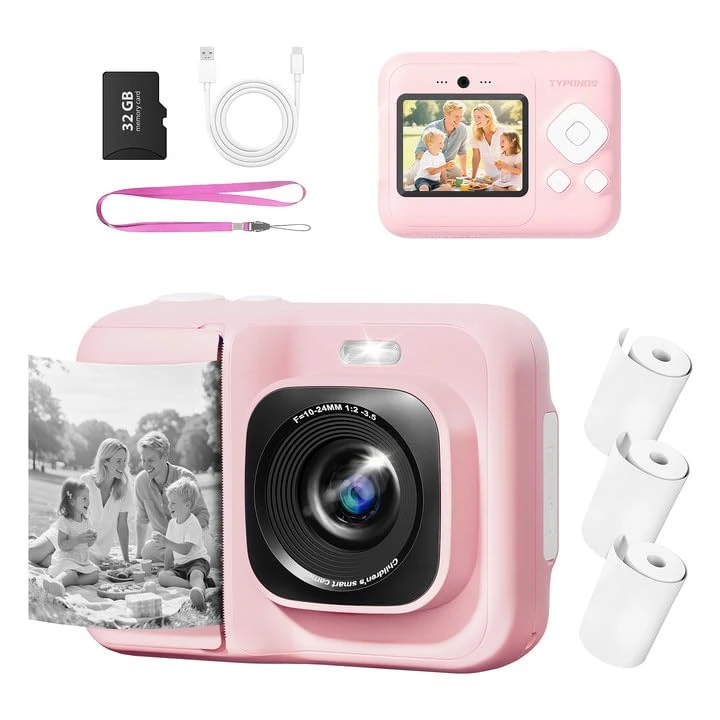 TYPONOS Instant Print Camera for Kids - 32GB SD Card, Pink