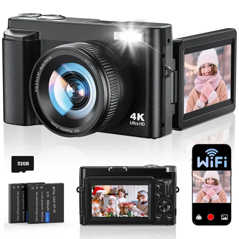 ToAuite 64MP 4K WiFi Camera - 3\" Flip Screen, 16X Zoom, 32GB Card