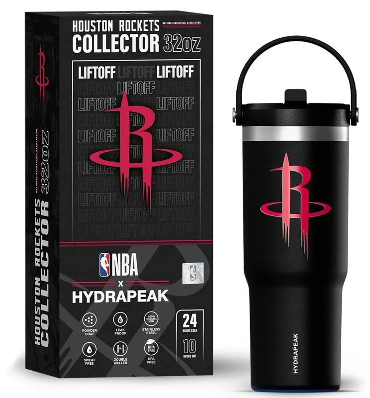 Hydrapeak x NBA Officially Licensed Houston Rockets 32oz Nomad Stainless Steel Tumbler with Handle and Straw Lid, Leakproof Water Bottle in Limited Edition Collector's Gift Box