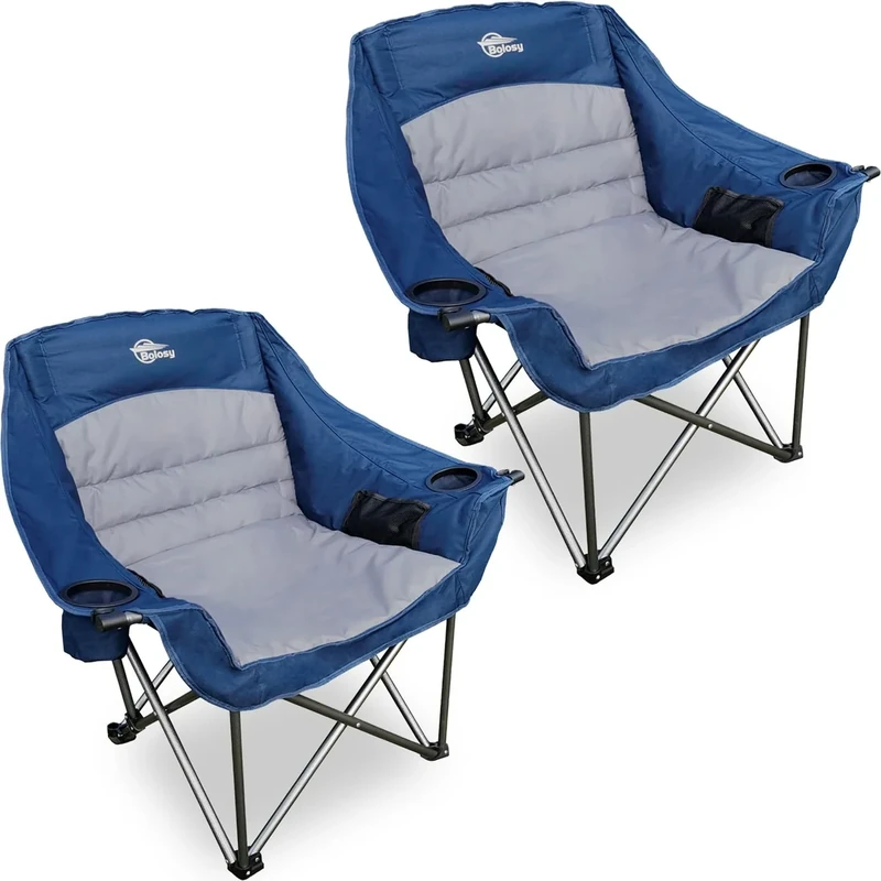 Bolosy 2 Pack Oversized Camping Chair Portable Folding Camping Chairs with Side Pocket Cup Holder Heavy Duty Outdoor Camping Chairs for Adults, Fishing, Sports, Trip, Support 500lbs, Blue