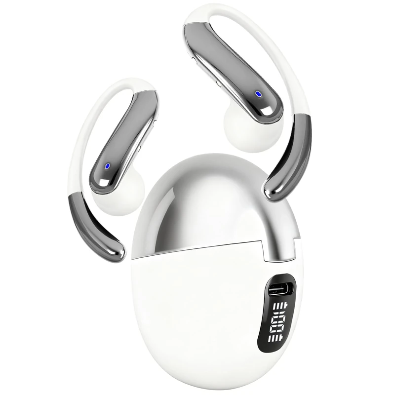 Open Ear Clip Wireless Earbuds Bone Conduction Headphones, Bluetooth 5.4, Open Ear Design, Built-in Mic, IPX7 Waterproof, LED Display Charging Case,Ear Hooks Ear Buds,Design for Running Walking