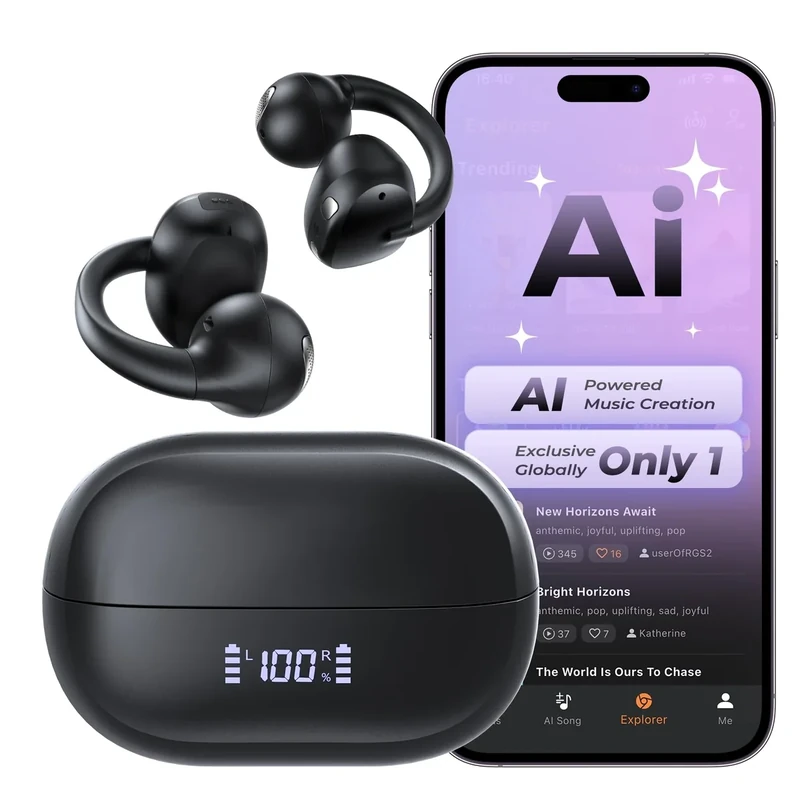 Haowolf Open Ear Earbuds, Bluetooth 5.4 Bone Conduction Clip On Headphones AI Music Generator Wireless Earbuds, 4 Mics Clear Calls, 5.7g Ultra-Light, 30H Hi-Fi Stereo Playtime for Fitness, Black