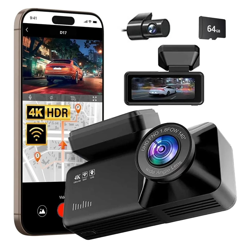 Dashcam Pro 2.0 4k with Front and Rear Camera, GPS, Free 64GB Card, Dashcam with Parking Monitoring, 170° Wide Angle, Night Vsion & Parking Mode