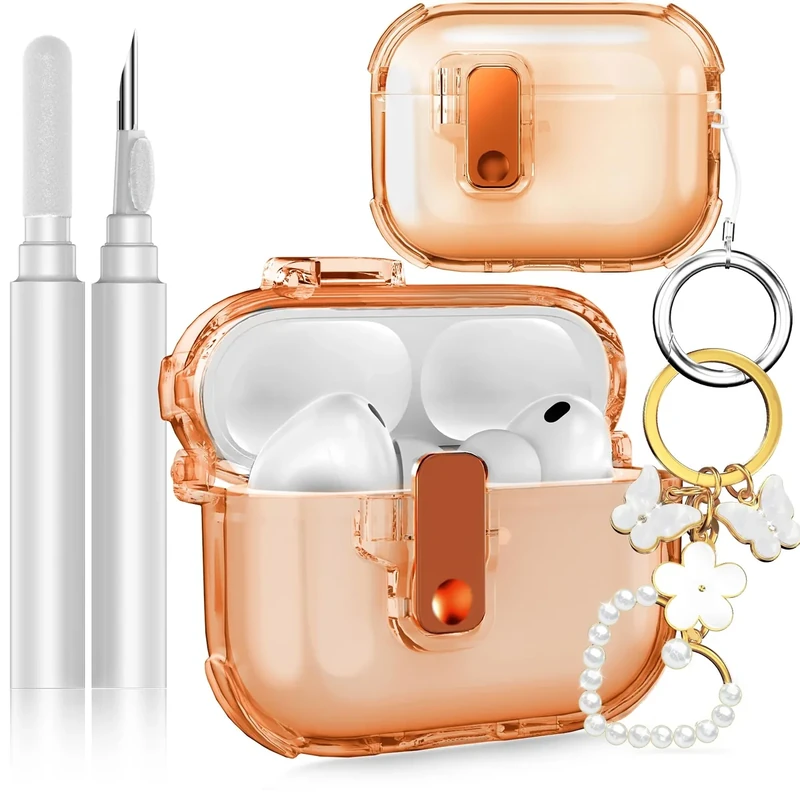 Fotbor for AirPods Pro 3 2025 Case with Secure Lock, Soft Clear TPU Cover with Earbuds Cleaner & Cute Girly Keychain, Anti-Scratch [Airbag] Military Grade Drop Protection - Orange